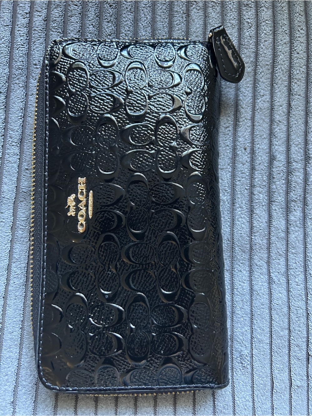 Coach Black Patent Leather Zip-Around Wallet with Signature Emboss